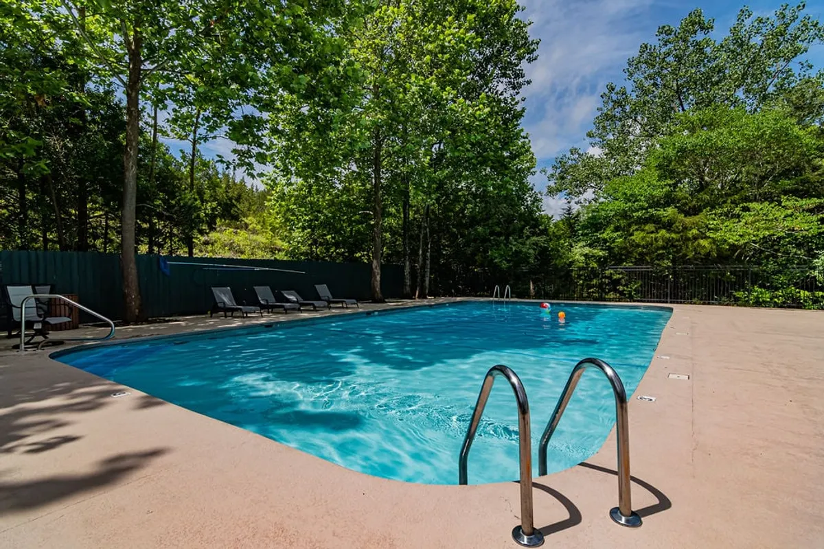 This exterior shot centers on a sparkling swimming pool surrounded by lounge chairs and mature trees. The leisure setting suggests opportunities for group relaxation, sunbathing, and playful fun, creating an inviting backdrop for social connection and shared memories.