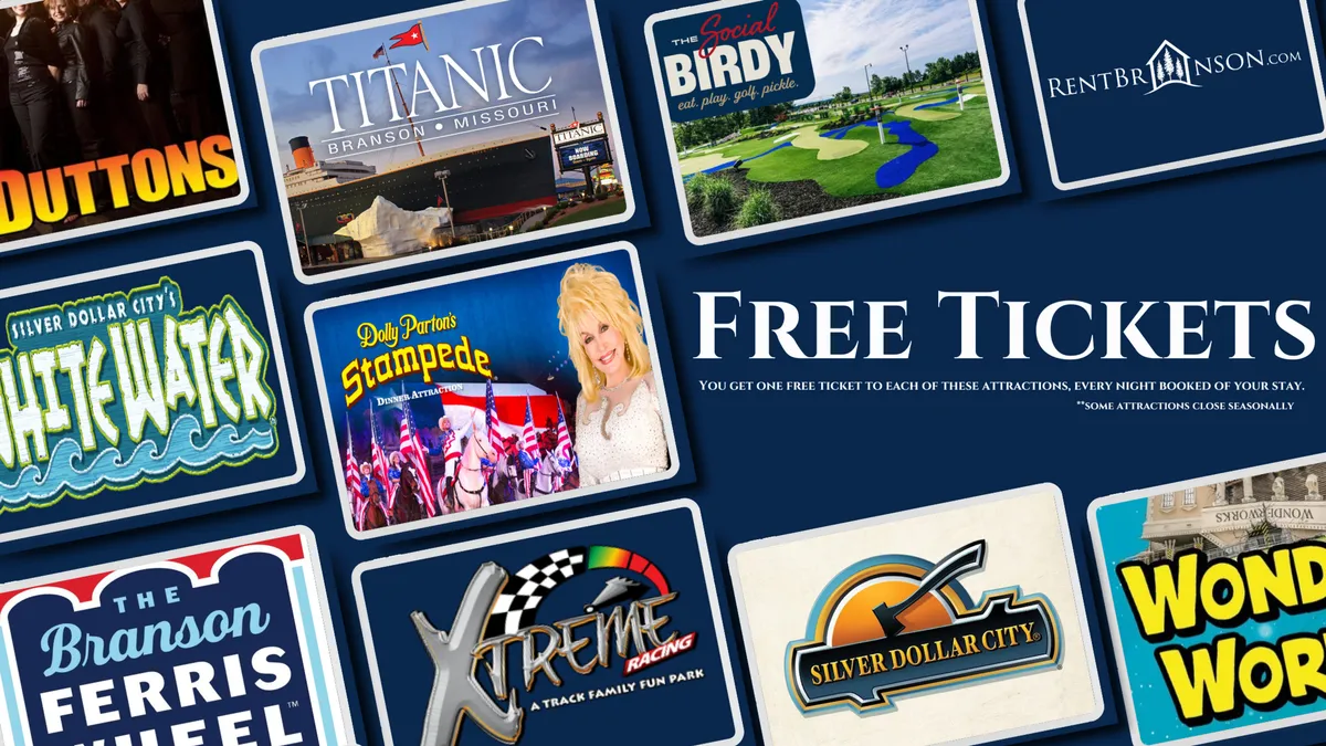 An interior image featuring 'Free Tickets' text surrounded by logos of popular Branson attractions. The display suggests a wealth of entertainment options beyond golfing, such as shows and family-friendly activities.